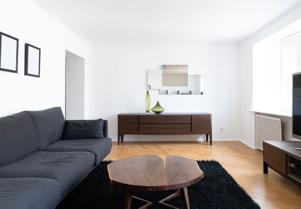 Lichte kleine woonkamer met bank, houten salontafel op een vloerkleed en een kastenwand met tv